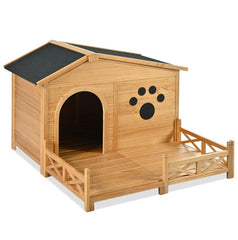 48 Wooden Dog House Outdoor With Porch, Dog Kennel With Water-Resistant Asphalt Roof And Fencing,Indoor & Outdoor Dog Crate With Paw Print, Medium, Nature